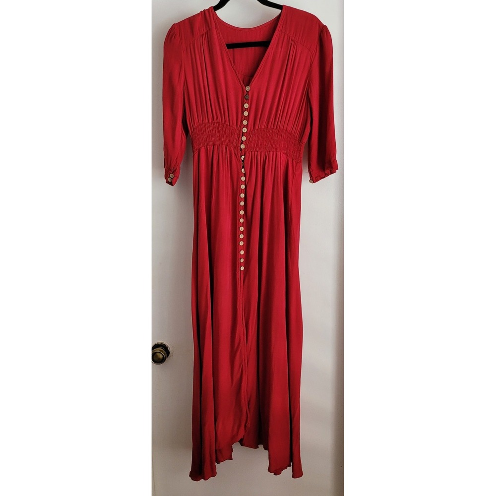 Shein Boho Maxi Dress Red V-Neck 3/4 Sleeve Solid Wrap Gown Bohemian